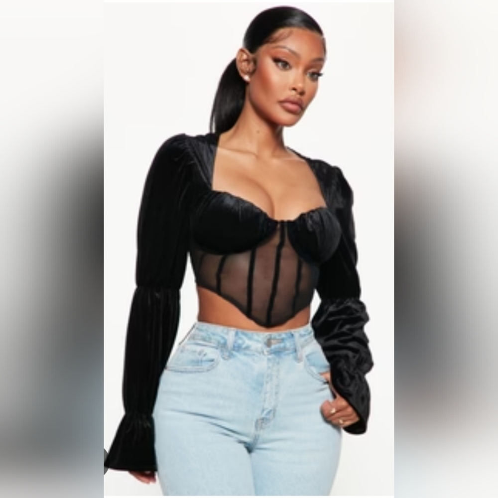 Fashion Nova Kilah Black Velvet Corset Top Full Sleeves Romantic Gothic XL